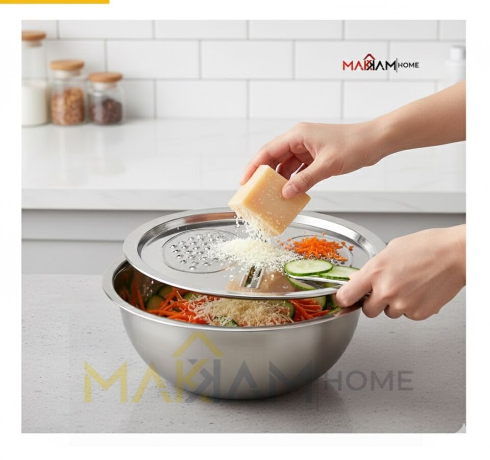 Paslanmaz Çelik Mutfak Seti 3'ü 1 Arada Salata Kasesi, Çok Amaçlı Süzgeç, Sebze Rendesi