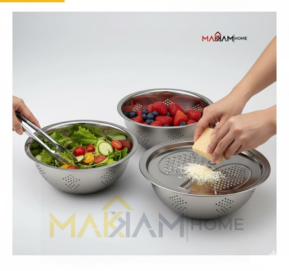 Paslanmaz Çelik Mutfak Seti 3'ü 1 Arada Salata Kasesi, Çok Amaçlı Süzgeç, Sebze Rendesi