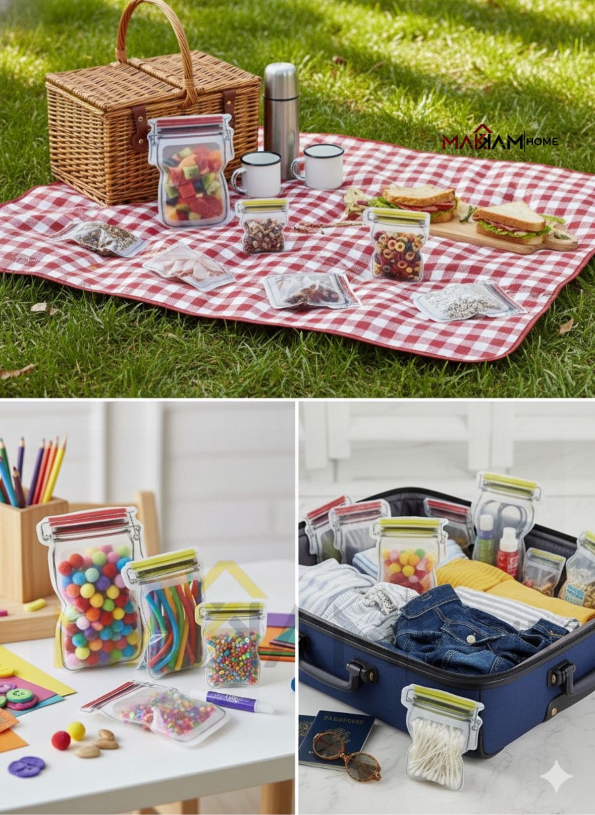 3'lü Kavanoz Görünümlü Sızdırmaz Yeniden Kullanılabilir Saklama Torbaları