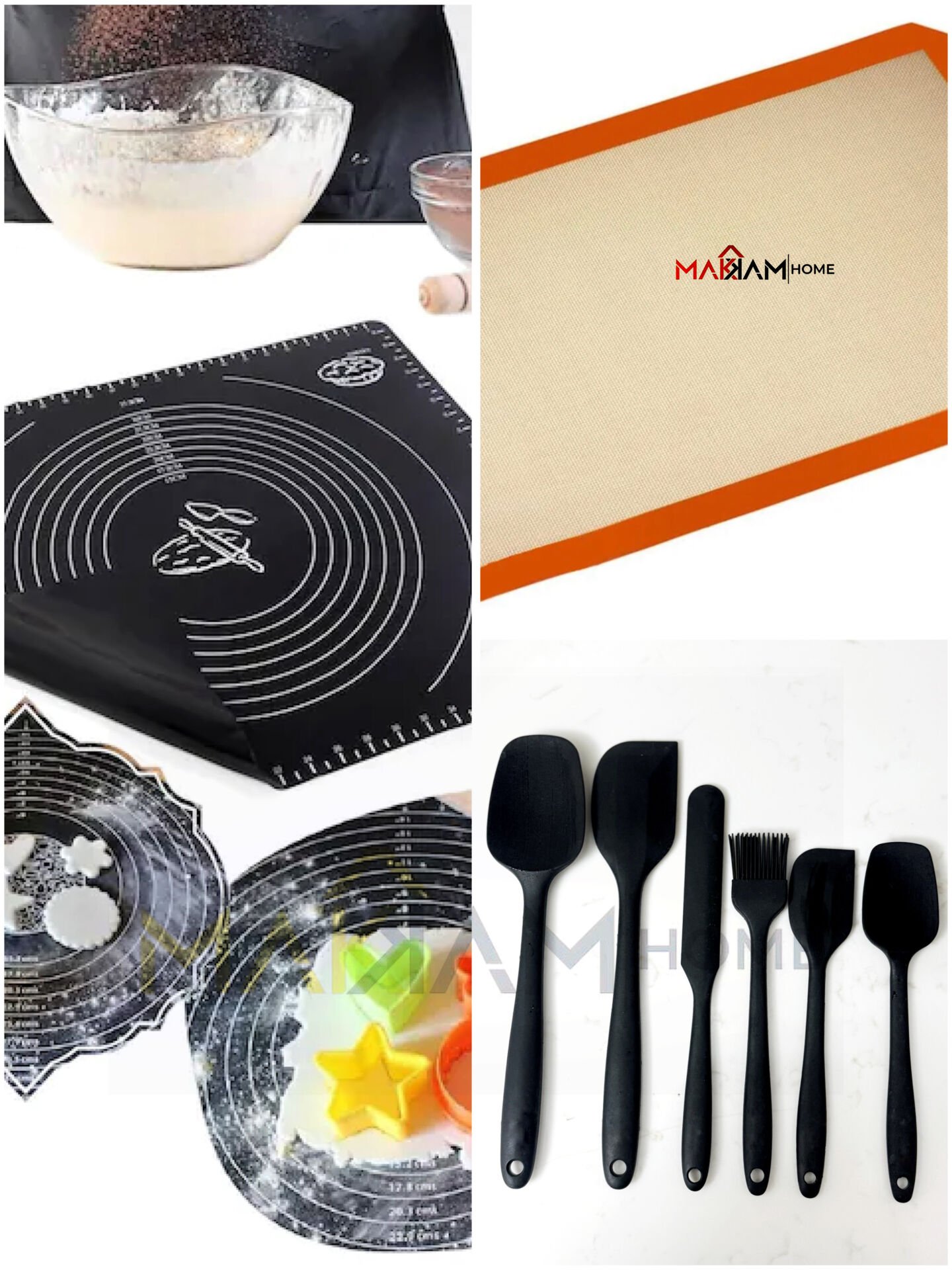 Siyah Silikon Mutfak Seti (Hamur Matı + 6'lı Silikon Spatula + Pişirme Matı)