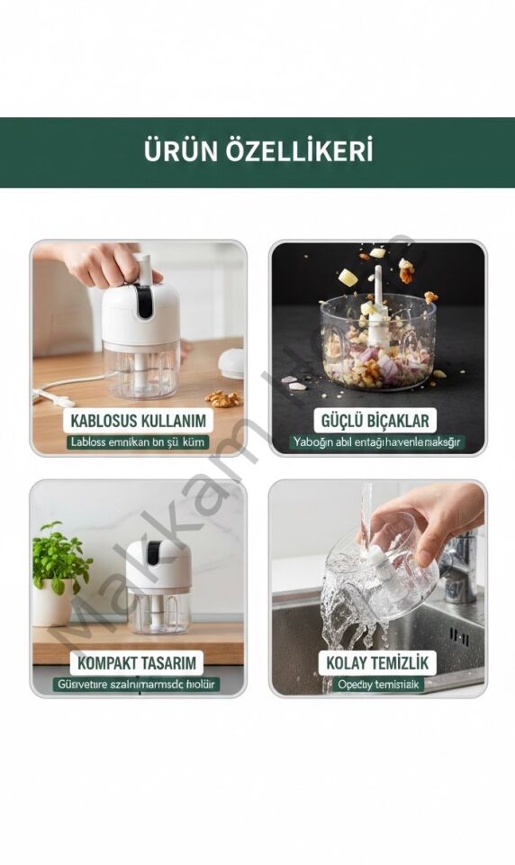 3 Bıçaklı Kablosuz Şarjlı Pratik El Rondosu