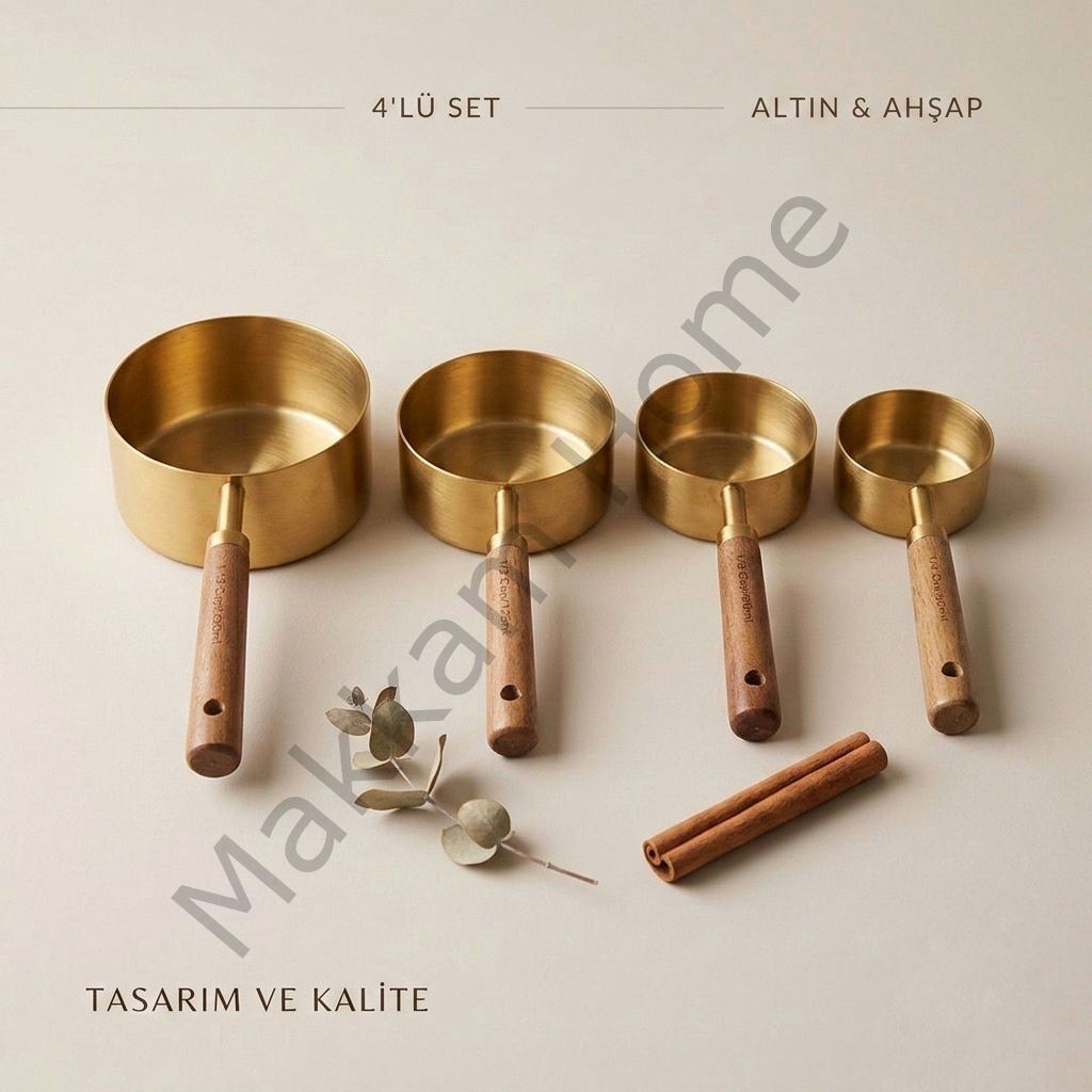 Premium Altın & Ahşap 4'lü Ölçü Kabı Seti